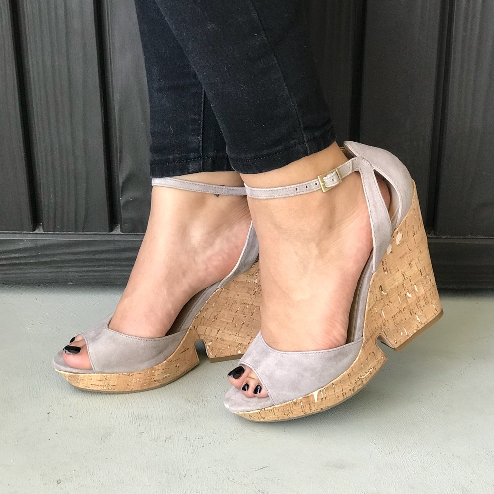 Taupe Peep Toe Chic Cork Platform Wedge Sandal - Picture 1 of 7